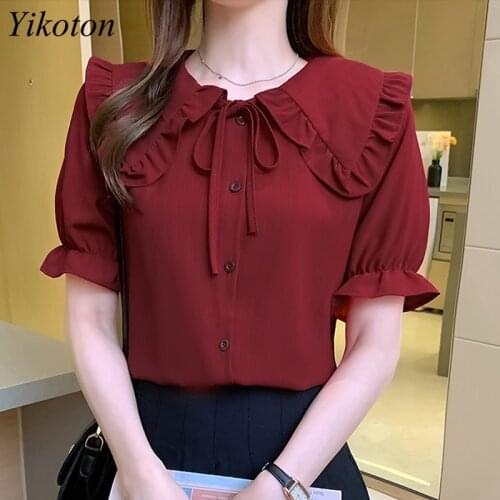 Korean Doll Collar Chiffon Shirts Women Blouses & Shirts Short-Sleeve Summer Korean Loose Office Blouse White Shirt Top Blusas