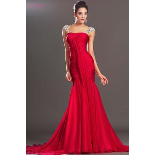 Red Evening Dresses Mermaid Cap Sleeves Chiffon Beaded Backless Plus Size Long Evening Gown Prom Dresses Robe De Soiree
