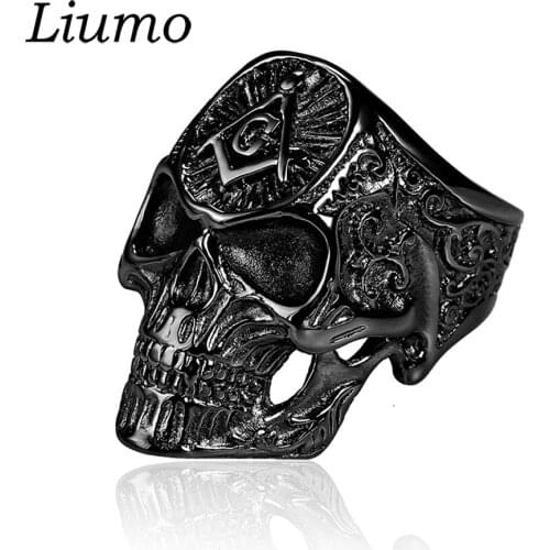 Liumo Fashion Punk Style Black Colorful Silver Color Masonic Skull Men 316L Stainless Steel Alloy Biker Ring Lr535