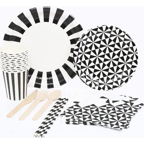 Black White Party Supplies Disposable Tableware Set Paper Stripe Plates Napkins Cups Straws Picnic Wedding Birthday Baby Shower