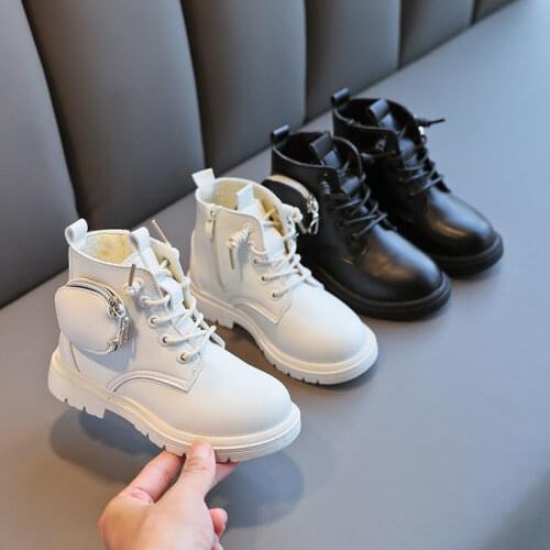 New Little Princess Single Fashion Boots Girls Martin Boots 2021 Winter Autumn Falt Children Pockets Short Boots Leather Shoes
