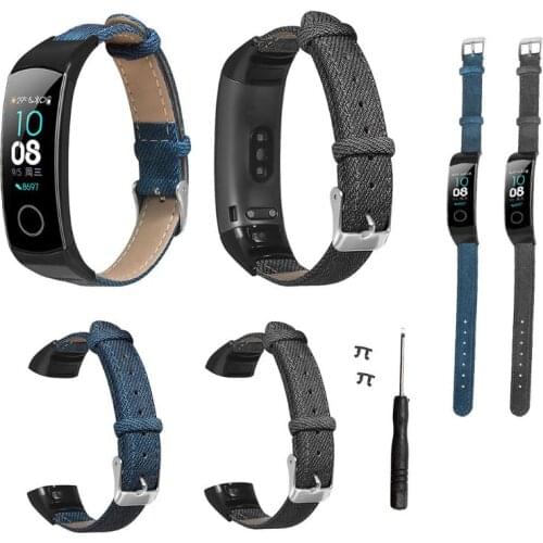 Denim Pattern Genuine Leather Watchband Wrist Strap Replacement for Huawei Honor Band 5/4 Bracelet Accessories