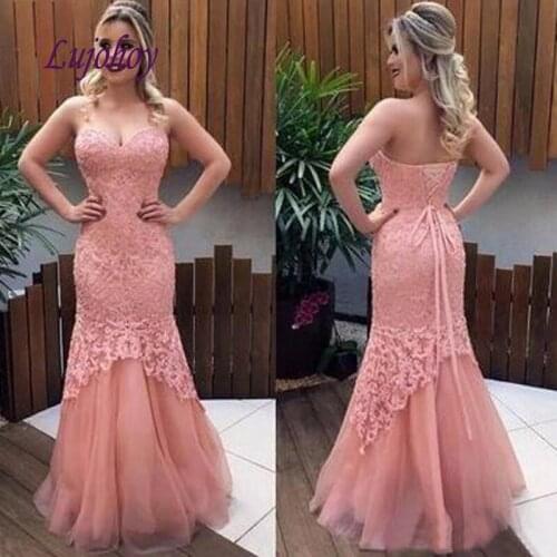 Pink Long Lace Mermaid Evening Dresses Party Plus Size Women Ladies Sexy Prom Formal Evening Gowns Dresses