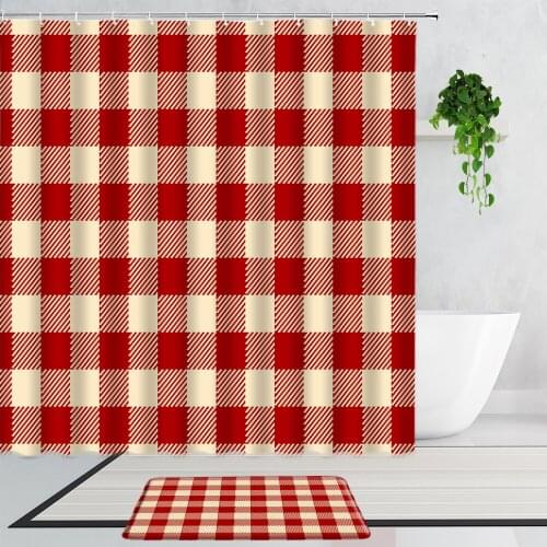 Beige Red Lattice Shower Curtains Color Ethnic Style Geometric Background Home Decor Bathroom Bath Curtain Non-Slip Carpet Mats