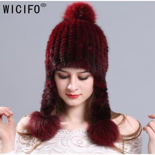 2019 Wucifo Genuine Mink Fur Hats with 3 Fox Fur Balls 100% Real Mink Fur Bomber Hats Women Warm Fashion Fur Caps Ear Protector