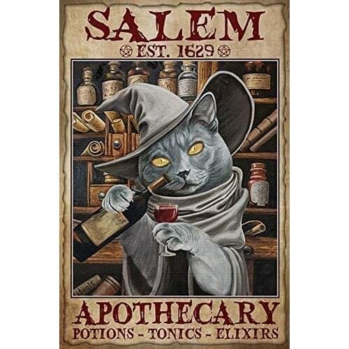 Salem Apothecary Potions Cat Witch Drink Wine Halloween Tin Sign Retro Style Miller Bar Den Halloween Poster Metal 8x12 Inch