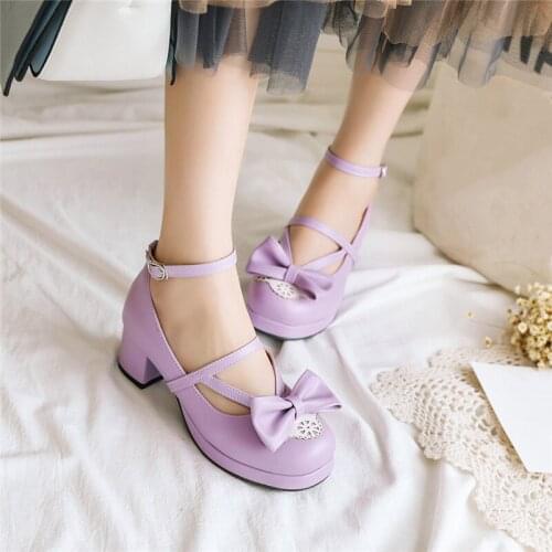 YQBTDL 2020 New Reach Platform Chunky Block Heels Mary Jane Cosplay Ladies Shoes Cute Bowtie Purple Pink Black Womens Pumps 43