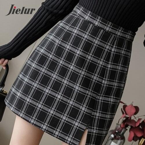 Jielur Korean Black White Plaid Short Skirts Fashion Split High-waisted Skirt A-line 2020 New Woolen Winter Safety Skirts Girls
