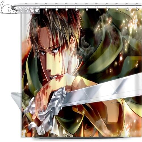 NYAA Attack On Titan Levi·Ackerman Shower Curtain Polyester Fabric 12 Hooks For Bathroom Waterproof Mildew Funny Bath Curtain