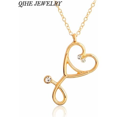 QIHE JEWELRY Stethoscope necklace Heart stethoscope pendant with rhinestone necklace Doctor Nurse Graduation Medical Gift