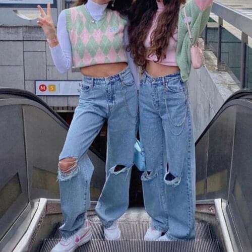 2021 Trendy Ripped Jeans Denim Pants with Metal Chain Women High Waist Baggy Hole Wide Leg Pants Straight Trousers Streetwear