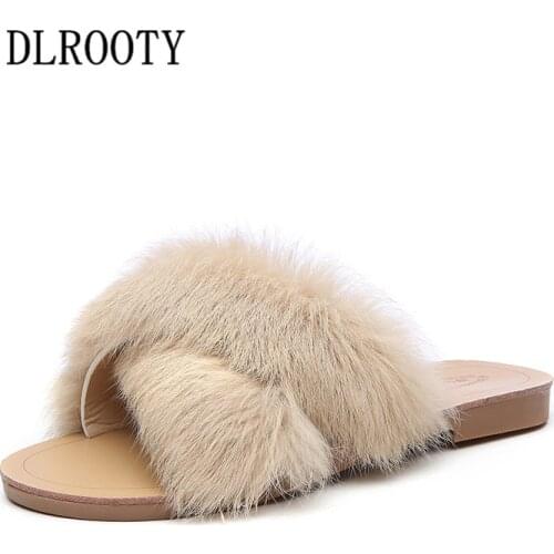Women Flips Flops 2018 Autumn Winter Warm Real Fur Shoes Woman Slippers Fashion Solid Platform Female Slides Flat Comfortable