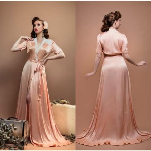 Women Boudoir Sexy Women Bathrobe With Belt Lace Silk Sleepwear Nightgown Short Sleeve Bridal Robe De Mariée