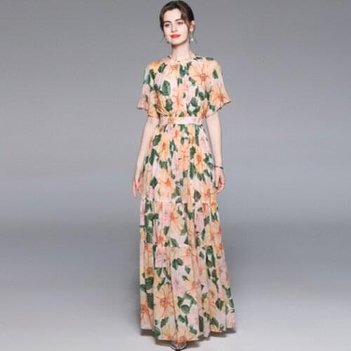 Runway Woman Bohemian Beach Maxi Dress Summer 2021 Short Sleevs Floral Printed Robe Femme Simple Chiffon Pleated Long Dress