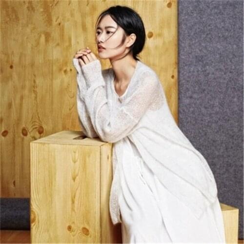 100% hand made wool Oneck thin knit women fashion solid loose single breasted cardigan sweater white 4color customized