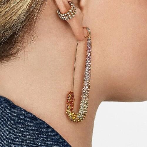 2019 New Paperclip Stud Earrings Fashion Colorful Rhinestone Crystal Safety Pins Earrings For Women Punk Trendy Jewelry