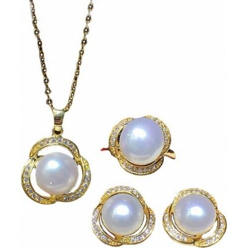 3pcs per set luxury pearl jewelry set CZ 8-9mm freshwater pearl lady creative flower pendant necklace earring ring jewelry sets