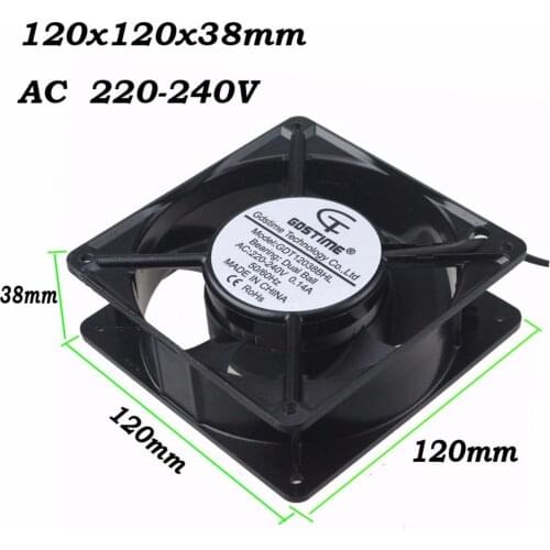 50 pcs Gdstime 120mm Dual Ball Bearing 120x120x38mm Metal AC Cooling Fan 220V 240V 2 Wires Without Connector 12cm PC Case Cooler