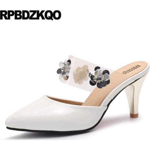White thick mary jane high heels ladies pumps brand women shoes 2019 3 inch pointed toe size 33 clear glitter transparent big