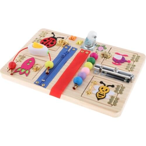 Baby Wood Busy Board Button Dressing Motor Basic Skill Educational Learning Activity Sensory Board Toy