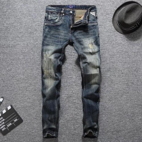 Italian Style Fashion Men Jeans High Quality Retro Black Blue Slim Fit Ripped Jeans Men Streetwear Vintage Designer Denim Pants