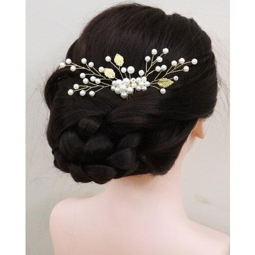 Classic Gold Leaf Pearl Women Hair Comb Tiaras Wedding Flower Head Jewelry Hair Accessory For Bride Headdress Party Ornaments