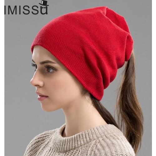 IMISSU Autumn Winter Beanie Hats Womens Knitted Wool Skullies Solid Color Casual Cap Ski Gorros Bonnet Femme Hats for Women
