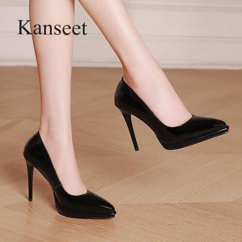 Kanseet Women Pumps Autumn New Elegant Pointed Toe Thin High Heels Bridal Party Office Lady Genuine Leather Slip-On Female Shoes