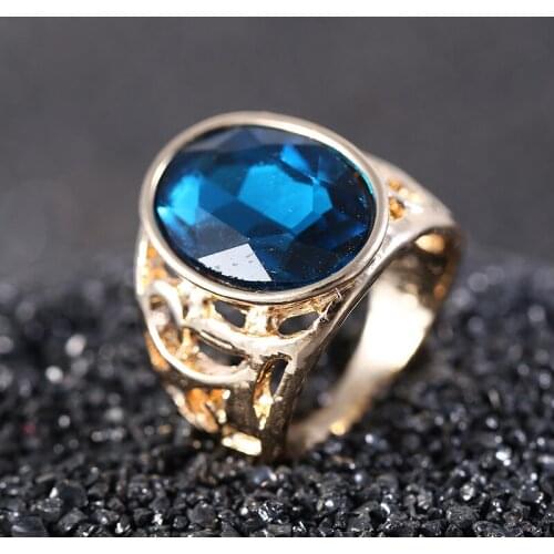 Men Hollow Band Ring Trendy Blue Stone Geometric Finger Ring Women Bridal Jewelry Gift Blue Crystal Ring bisuteria mujer