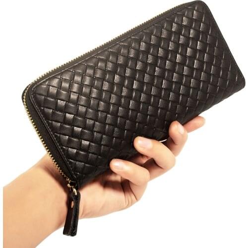 Classical Genuine Leather Wallets Vintage Men Woven Pattern Crazy Horse Cow Leather Wallet Purse Card Holder Long Clutch Wallet