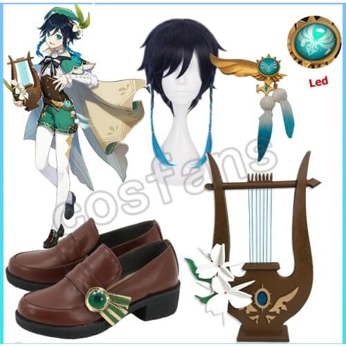 Genshin Impact Cosplay Venti Costume Party Dress With Wig Adult Halloween Carnival Clothing Outfit Venti Blue Wig Accessories