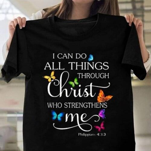 Summer Fashion Womens Jesus and Butterfly Print I Can Do All Things Through Christ Who Strengthens Me Letter Printed T Shirt Pl