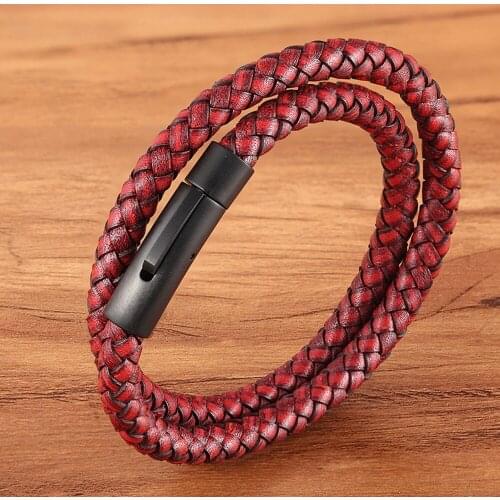 New Design Double Layer Hand-woven Braided Rope Leather Men Bracelets Steel Buckle Fashion Women Mens Jewelry Birthday Gift