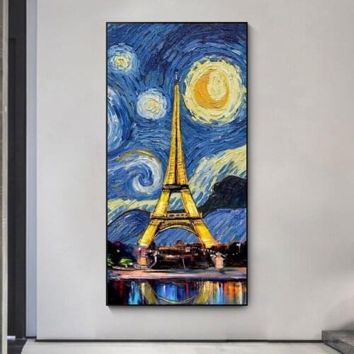 Starry Night of Paris Tower Canvas Art Posters And Prints Abstract Landscape Canvas Paintings on the Wall Art Pictures Cuadros
