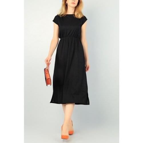 NEW SEASON FASHION SUMMER WOMEN BLACK BELİ LASTİKLİ KRİNKIL DRESS 70464