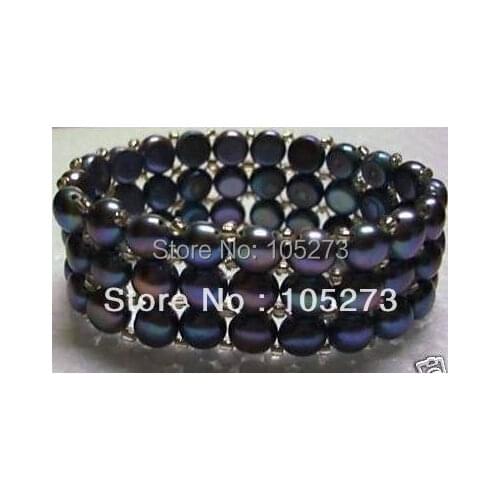 New Free Shipping Fashion Bracelet 3Rows 4-7mm Black Color Natural Freshwater Pearl Bracelet Elastic Jewelry Wholesale