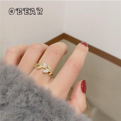 OBEAR Korean Version 14k Gold Plated High-Quality Simple Zircon Leaves Open Ring Women Fashion Elegant Daily Jewelry