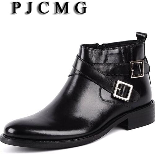 PJCMG New Pointed Toe Buckle Strap Ankle Boots Men Hombre Genuine Leather Men Motorcycle Boots For Men Work High Top Men Shoes