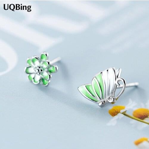 Minimalist 925 Sterling Silver Simple Creative Light Green Enamel Asymmetric Butterfly Flower Stud Earrings