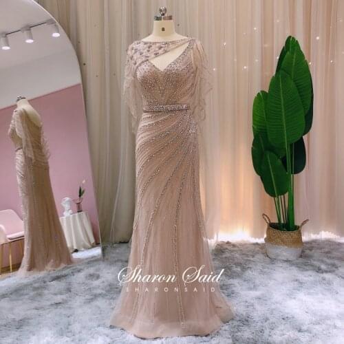 Luxury Rose Gold Mermaid Prom Dresses with Cape Long Luxury Dubai Evening Gown Arabic Champagne Women Wedding Party Formal Dress