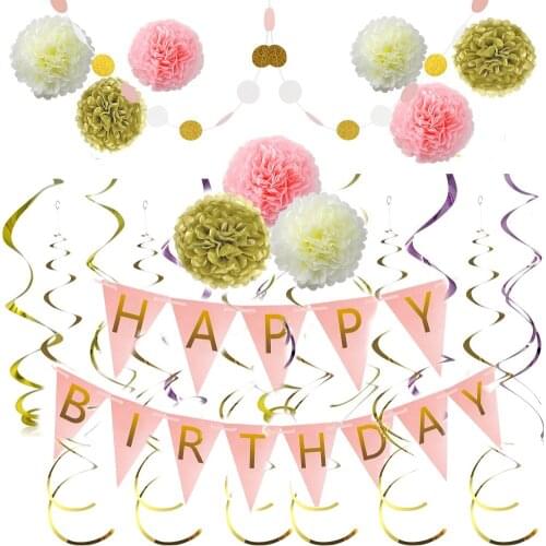 Pink white gold Girls party decoration spiral pendants paper Pom Pom flowers dot paper Garland birthday decor