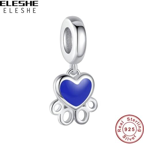 ELESHE Wholesale 100% 925 Sterling Silver Pet Paw Print With Blue Enamal Heart Dangle Charm Fit Original Bracelet DIY Jewelry
