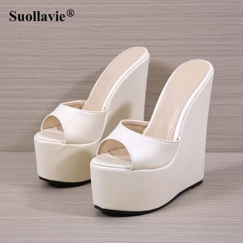 Suollavie 2021 Summer Casual Womens Slippers Solid On Open Toe Wedges Shoes Comfortable Classic Sandals White Size 35-42