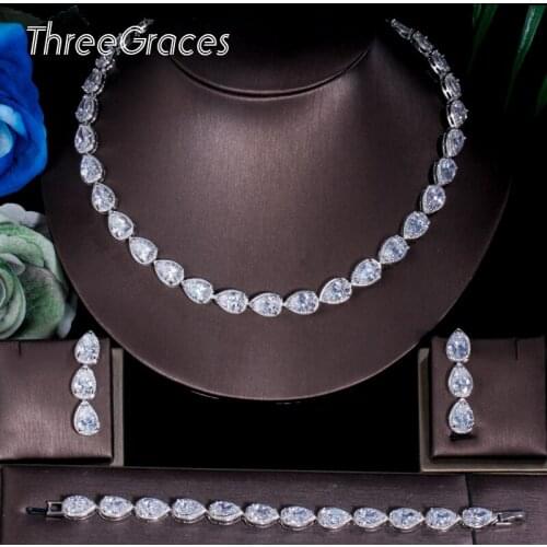 ThreeGraces Famous Brand Design Cluster Peardrop Necklace Long Dangle Earrings Bracelet CZ Wedding Jewelry Set For Women JS153