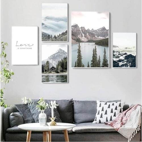 Fog Reef Snow Mountain Lake Pine Forest Wall Art Canvas Painting Nordic Posters And Prints Wall Pictures For Living Room Decor