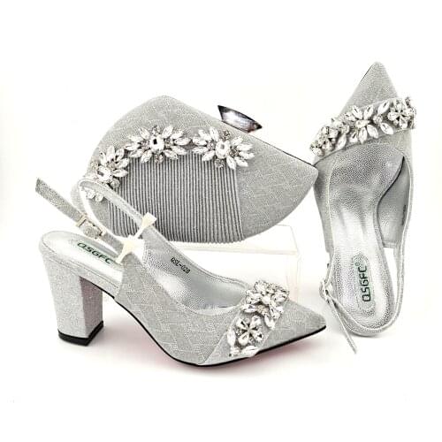African Newest Colorful Crystal Style Silver Color Italian Design Party Ladies Shoes and Bag Set Decorated With Rhinestone