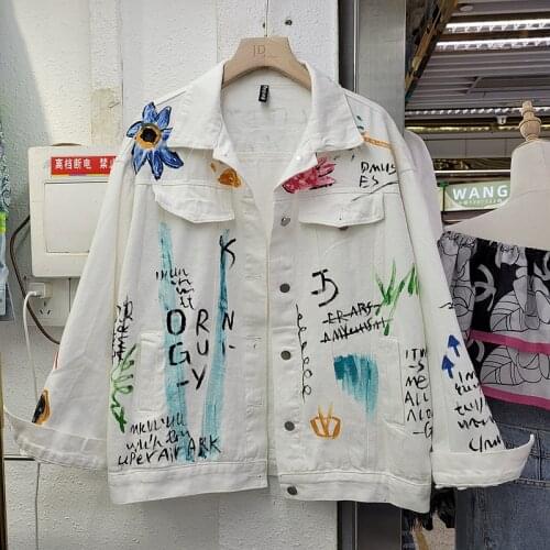 Streetwear Women Fashion Letters Hand-Painted Graffiti Printed Denim Jacket Autumn Loose Lapel Long Sleeve Female Chaqueta Mujer