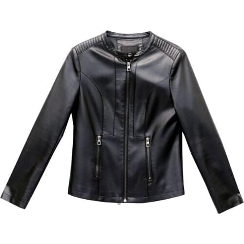 New Fashion Womens Slim Stand Collar Pu Leather Jackets Ladies Soft Wash Faux Leather Coat 5XL Female leather Zippers Outerwear