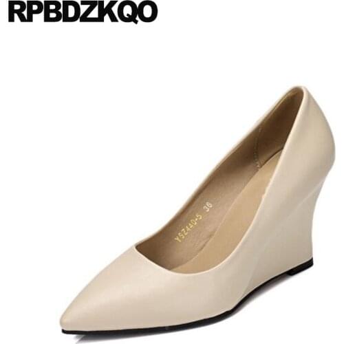 Size 4 34 Pointed Toe High Heels Wedge Beige 3 Inch Office Shoes Ladies 2017 Suede Formal Elegant Peach Women Fashion China