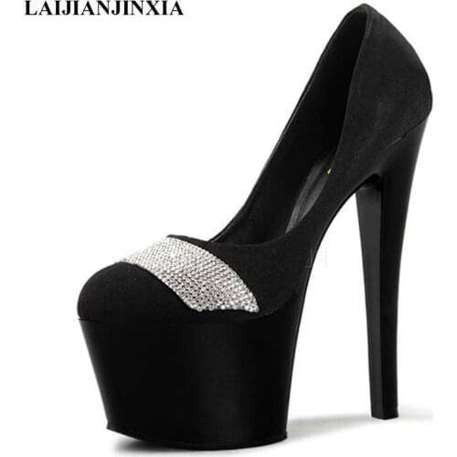 New Large size super high heels with womens shoes, chunky and 17cm fun nightclub single shoes, water drill height Dance Shoes